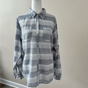 Columbia grey and white striped button down blouse.